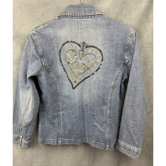 CHICO'S Platinum Denim Jacket Womens 1 Studded Heart Embroidered Blazer - Picture 1 of 15